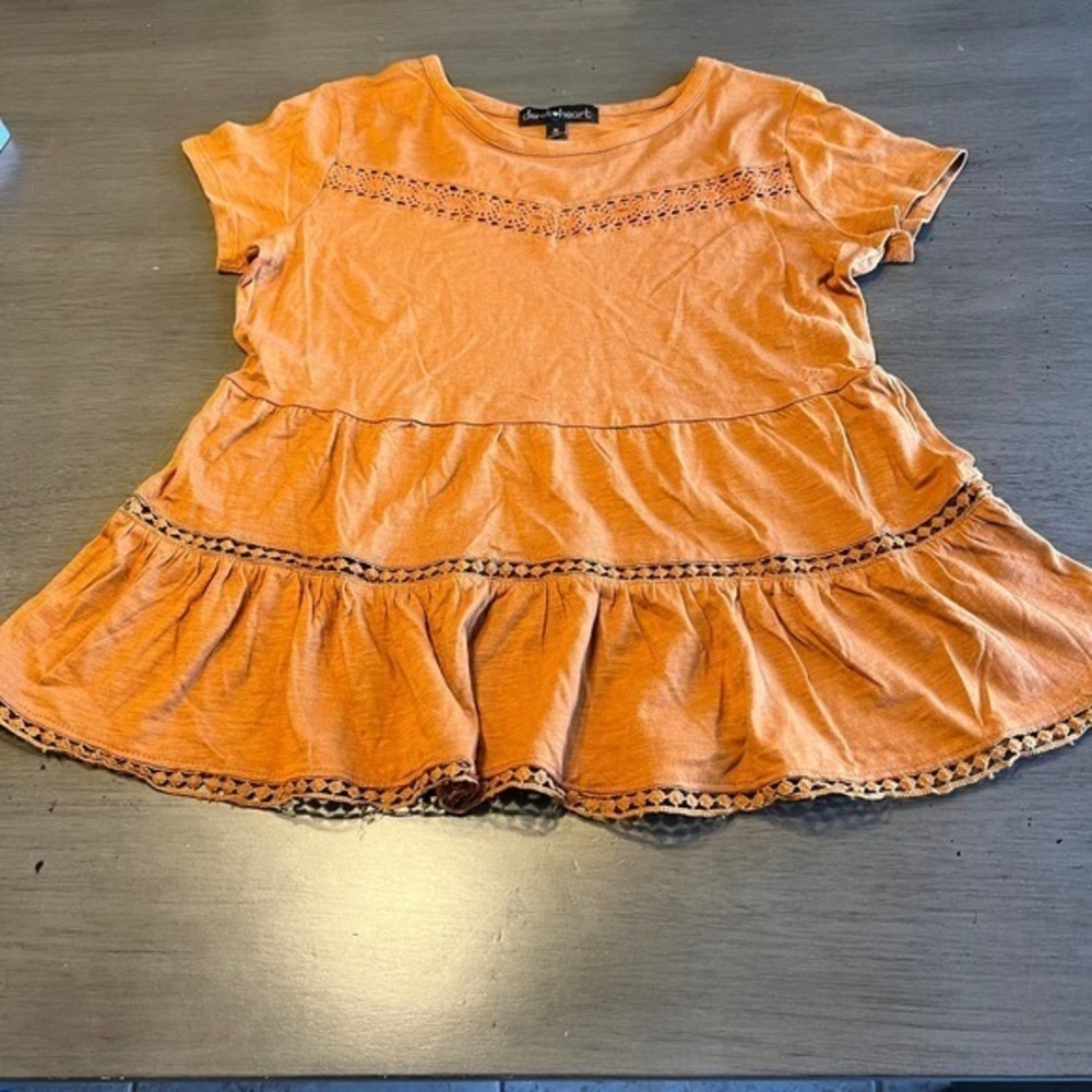 Derek Heart Womens Medium Orange Crochet Trimmed Tiered Short Sleeve Top‎